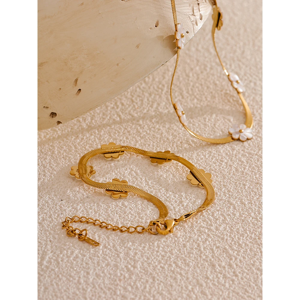 Yhpup Fashion Trendy Style Imitation Shell Flower Chain Necklace Bracelet Cheap Set Trendy Stainless Steel Popular Jewelry
