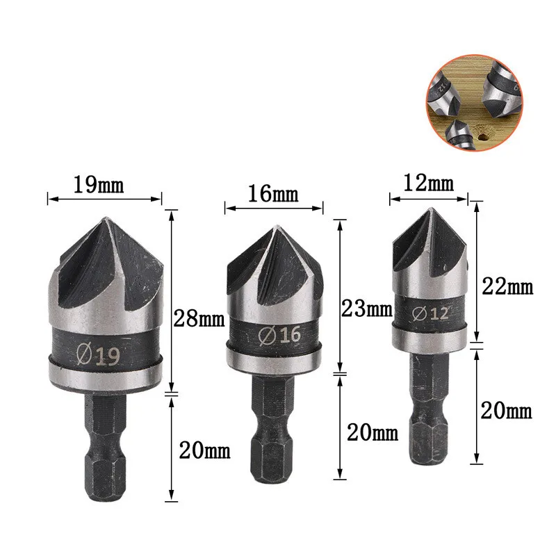 3Pcs 1/4 Hex 5ขลุ่ย Countersink Set Mata Bor 90องศา Deburring เครื่องมือใบเลื่อยตัดไม้โลหะ12/16/19มม.