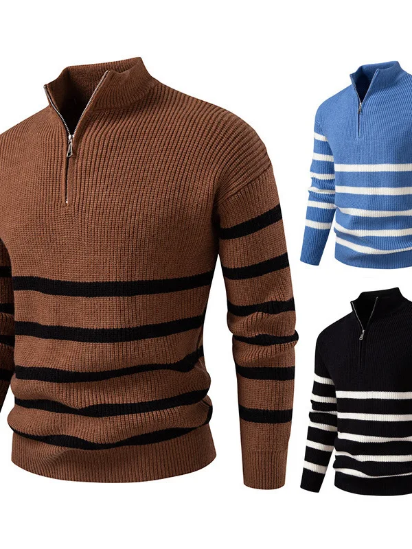 

Men's Knitted Long Sve Crew Ne Sweater Autumn Winter Polyester Fiber Casual Stripe Pattern Stand Collar Knitwear
