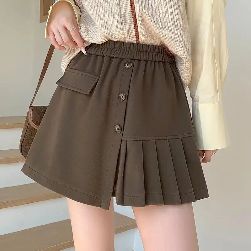 

Mini Skirt Shorts Woolen Women'S Solid Elastic Waist Plus Size Trouser Skirt Autumn And Winter New Loose High-Waist Ruched