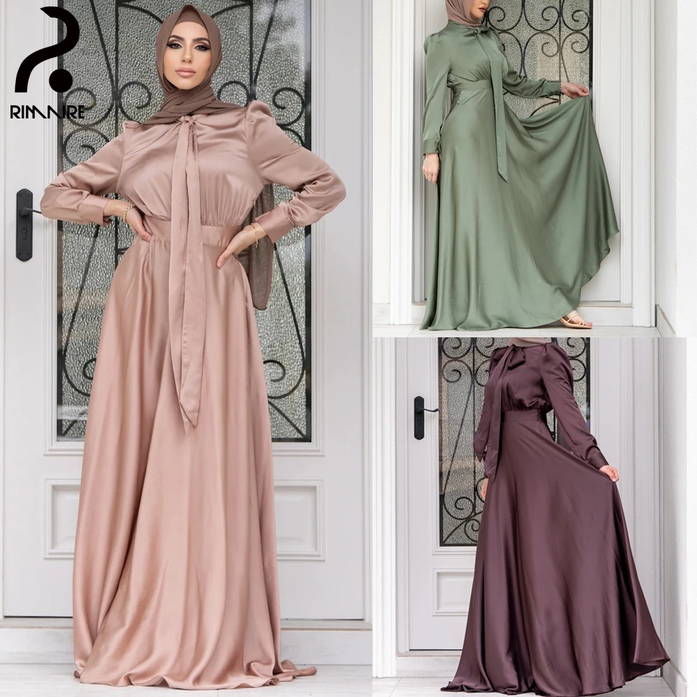 

Silk Long Sleeves Women's Abayas Elegant Muslim Slim Fit Dresses Islamic Ladies Casual Clothing Gifts Party Wholesale RIMAIRE