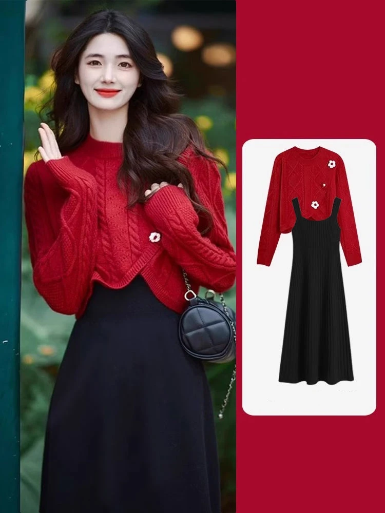 

Women's Autumn Winter Sweet Lucky Red Floral Sweater Tank Dress Two Piece Set Lady Short Knit Tops Sleeveless Dresses Outfits