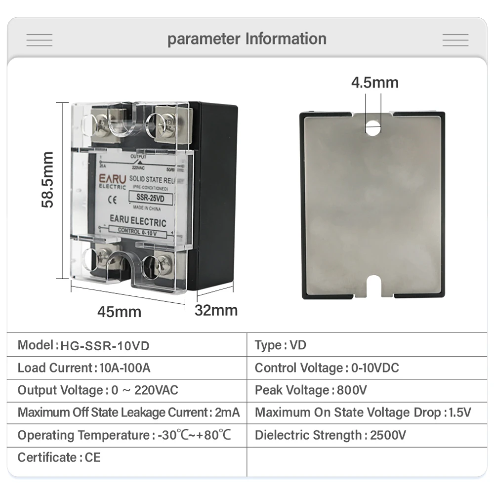 SSR-10VD SSR-40VD SSR 25A 80A 100A Single Phase Solid State Relay Voltage Regulator Module Input 0-10V Output 220VAC Radiator