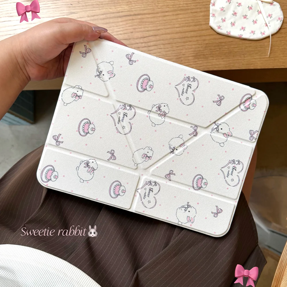 Korean Round Rabbit Heart Wave Point Y2K Cover For iPad Pro 13 11th M5 M4 12.9 A16 10 8 7 9th 10th Air 11 M2 M3 Mini Tablet Case