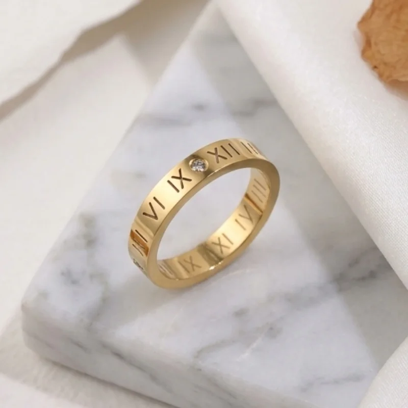 Stainless Steel Plated with 18K Gold, Hollow Roman Numerals Inlaid with Rhinestones, Summer Design Versatile Women's Daily Hand Jewelry