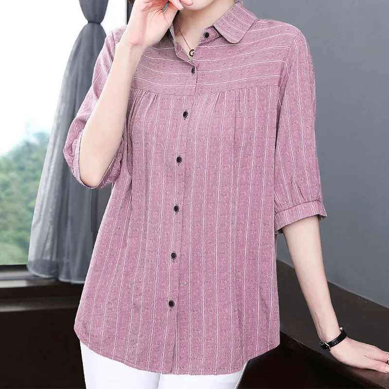 Casual Fashion Elegant Solid Color Striped Printed Button Shirt Summer 2023 New Polo-Neck Half Sleeve Loose Tops Ladies Clothing