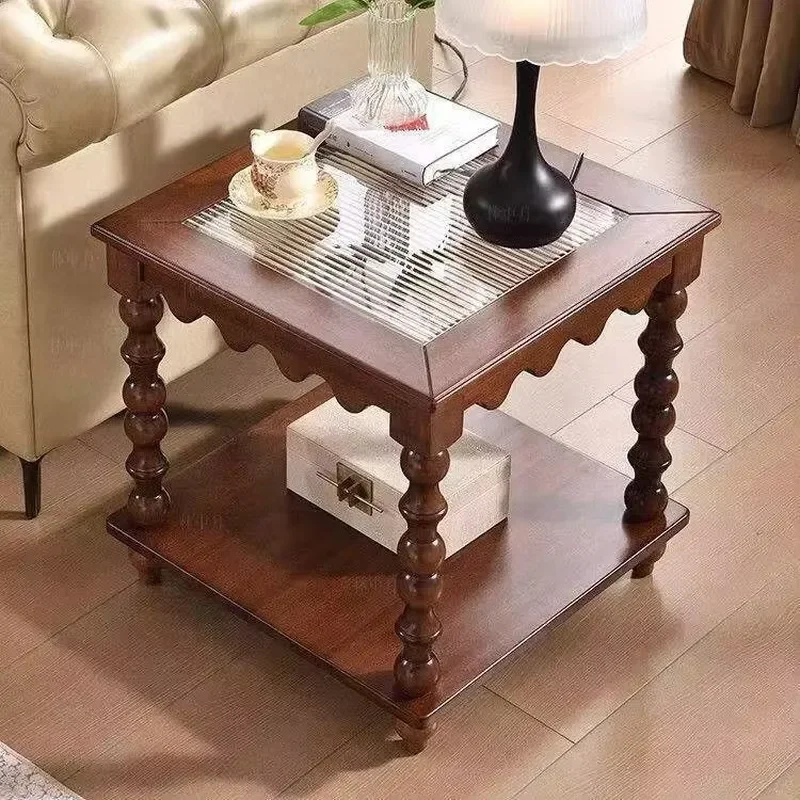 Mid-Century Solid Wood Coffee Table,Retro Double-Tier Glass Side Table for Living Room Sofa