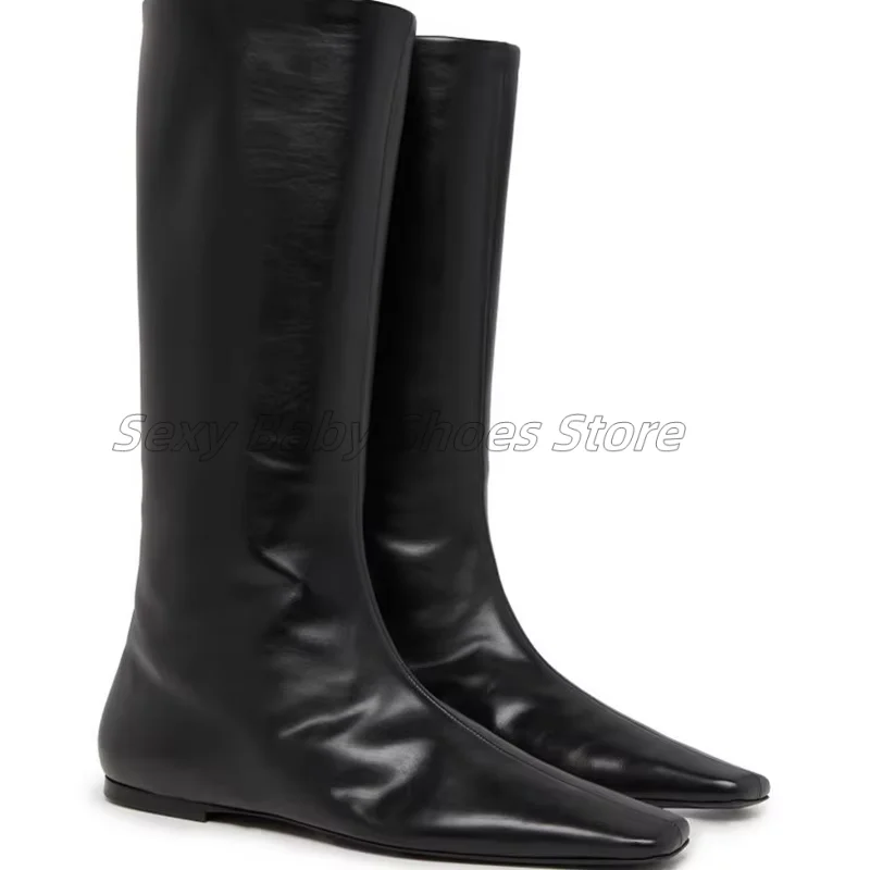 

Korean Version of Niche Minimalist Style Flat Bottomed Mid Leg Boots, Slim Boots, Women's Long Leg, Square Toe, Knee High Boots