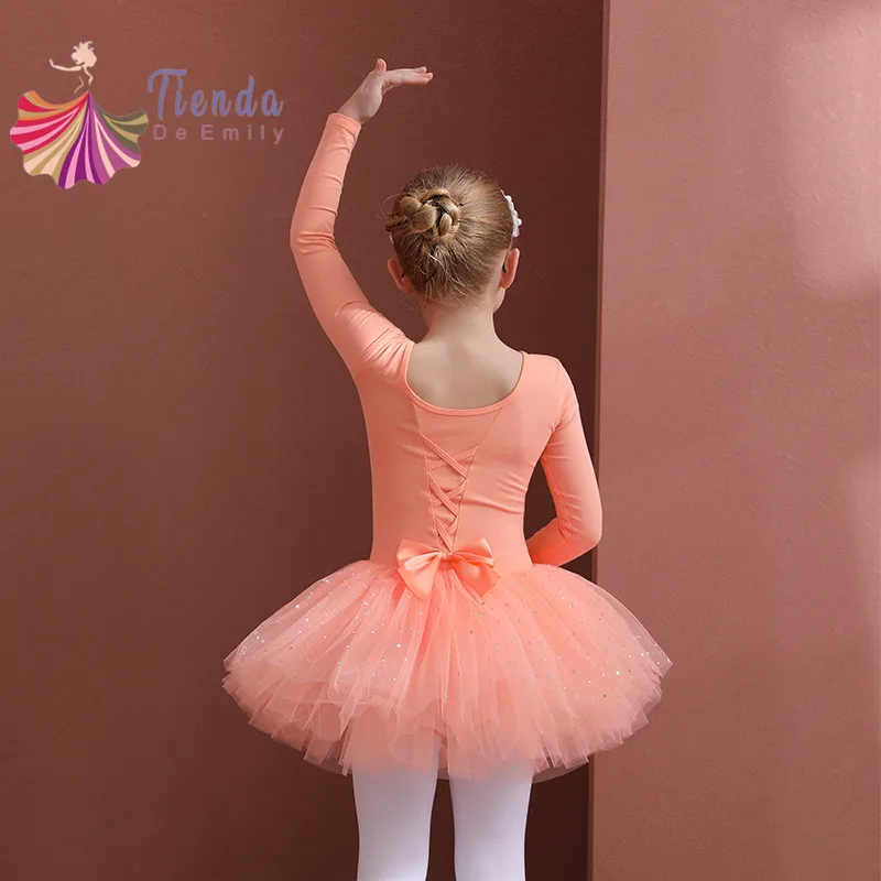 Girl Ballet Dress Sparkle Glitter Tutu Skirt Korea Design Sweet Princess Costume for Prom Children Bodysuit Gymnastic Orange