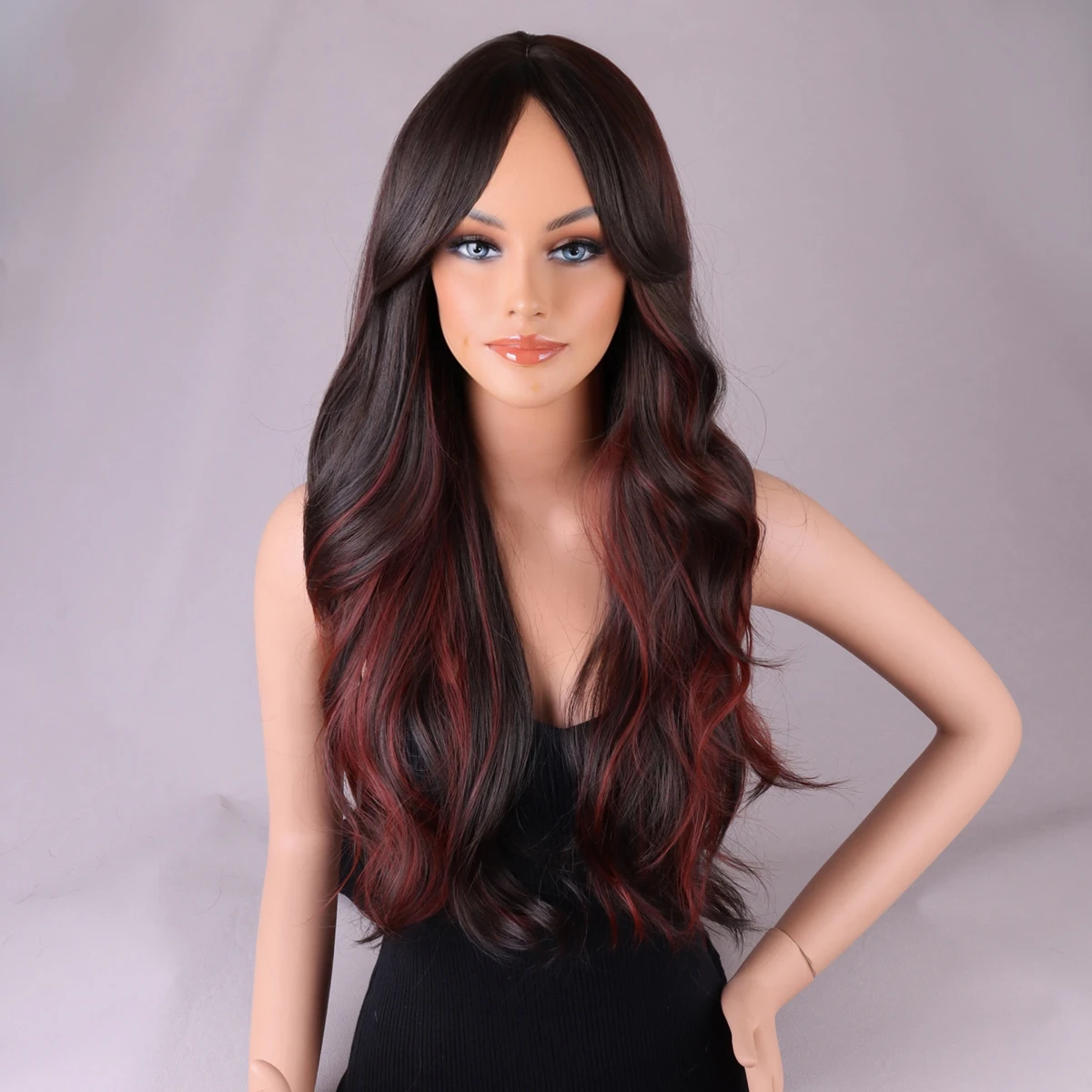 

Brown red diagonal bangs Wavy hair women Heat-resistant synthetic everyday Wigs 28 inches