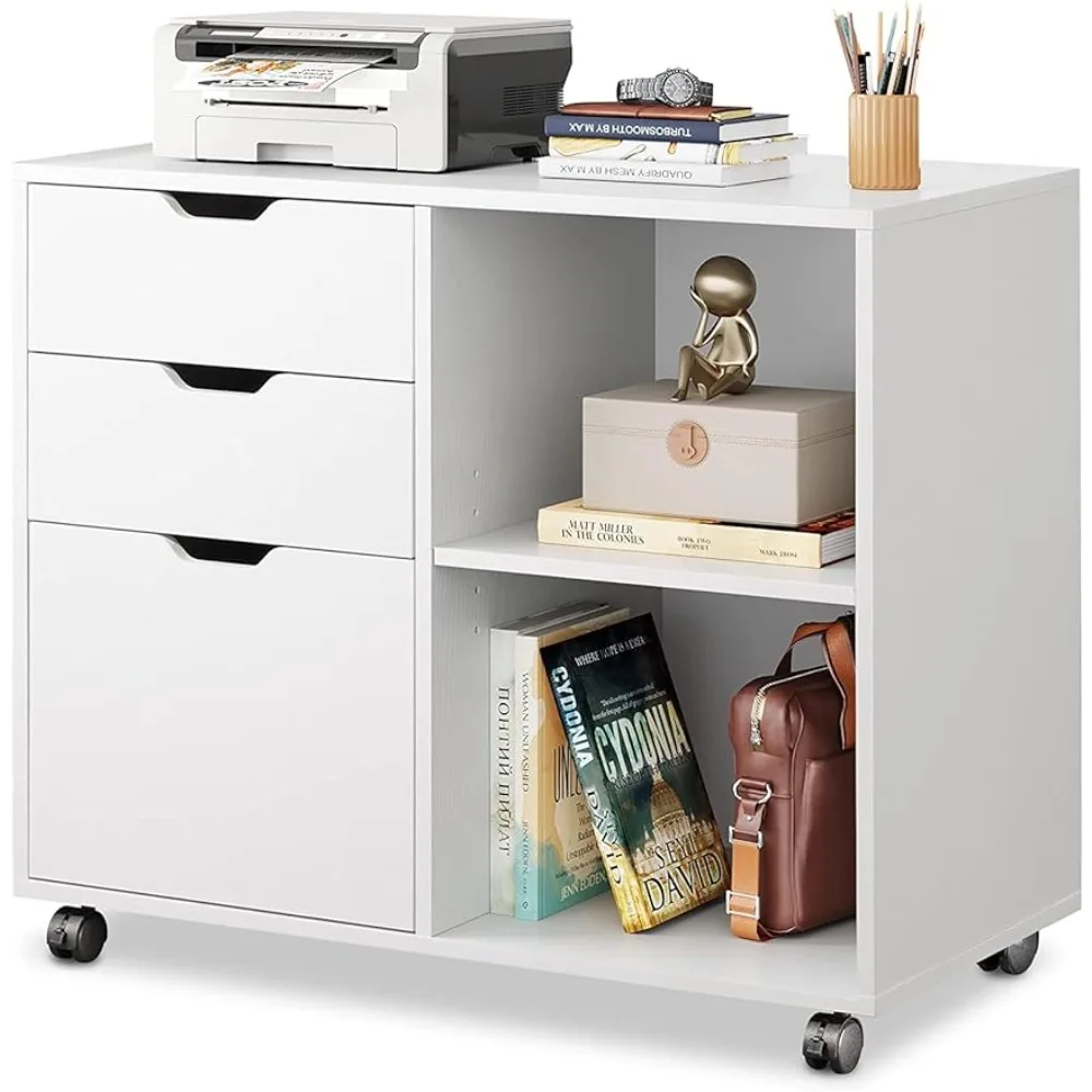 DEVAISE 3-Drawer Wood File Cabinet, Mobile Lateral Filing Cabinet, Printer Stand with Open Storage Shelves Home Office, White