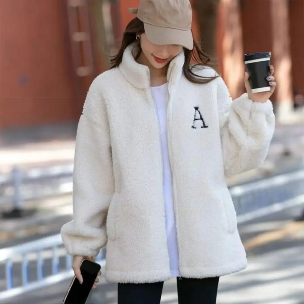 Loose Fit Women Jacket Stylish Women's Winter Coat With Stand Collar Embroidered Letter Detail Plush Pockets Warm For Weather