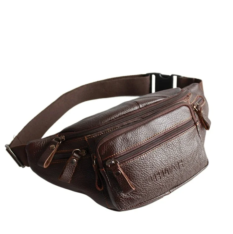 Sac de taille en cuir de vache véritable pour hommes, sac de ceinture amusant, pochette pour téléphone, poches multiples, sacs de randonnée, course à pied et cyclisme, sac banane