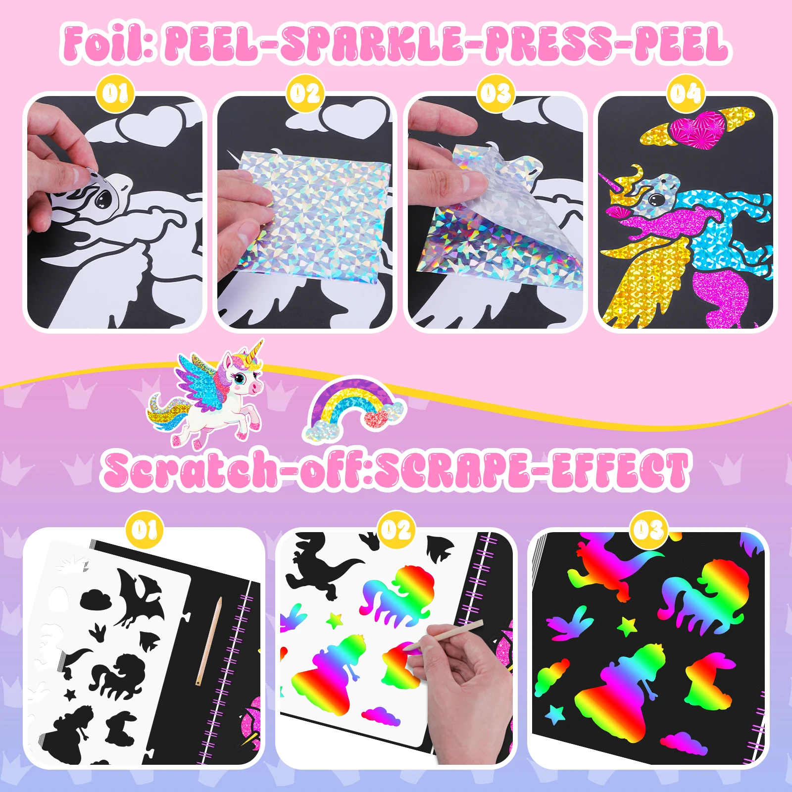 2 in 1 Rainbow Scratch การ์ดฟอยล์หนังสือ Magic สี Scratch-Off Pad การ์ดเด็กวาดภาพวาดของเล่น Scratch Art สําหรับเด็ก