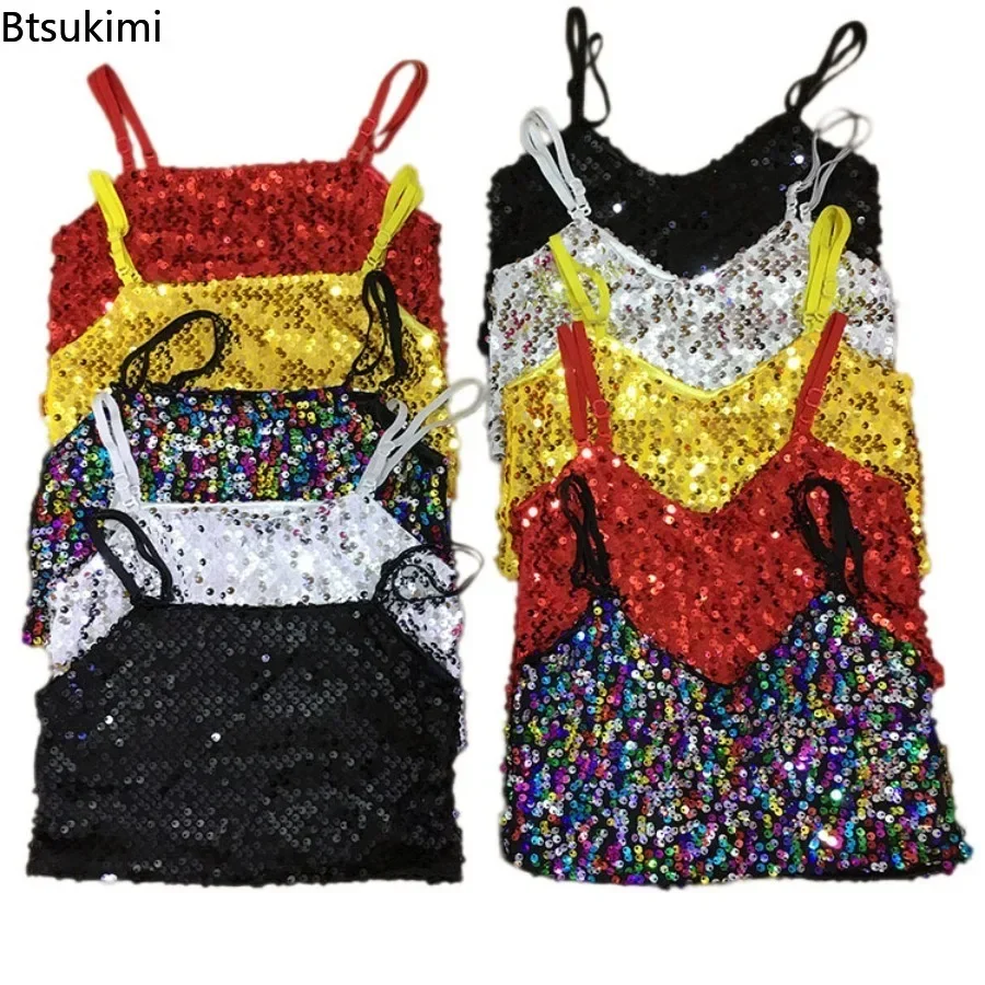 Kids Girls Crop Top Vest Sequins for Adult Party Summer Tank Streetwear Sleeveless Clothing Strapless Vintage Hip-hop Costume