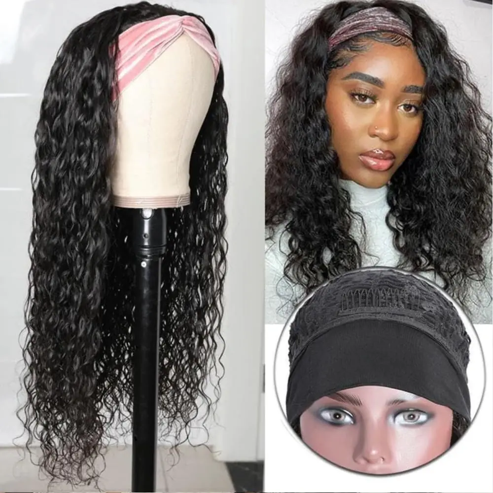 200% Density Deep Water Wave Human Hair Headband Wigs No Glue Machine Made Curly Wigs Beginner Friendly Easy Install for Women