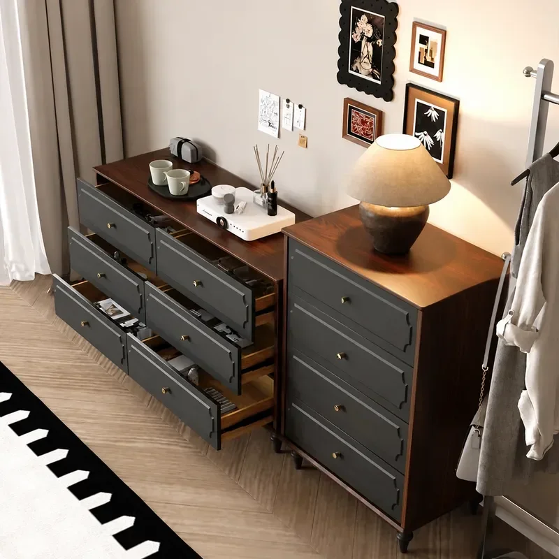 Solid Wood American Style Chest of Drawers Medium Size Antique French Retro Bedroom Storage Dresser with Eight Drawers Light