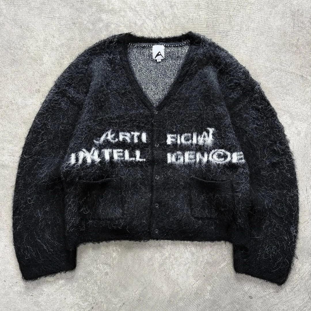 

Black Mohair Cardigan Y2K Retro Fleece Single Breasted Black Sweater Loose Trendy Men Women Loose CasualWear Aartificial Sweater