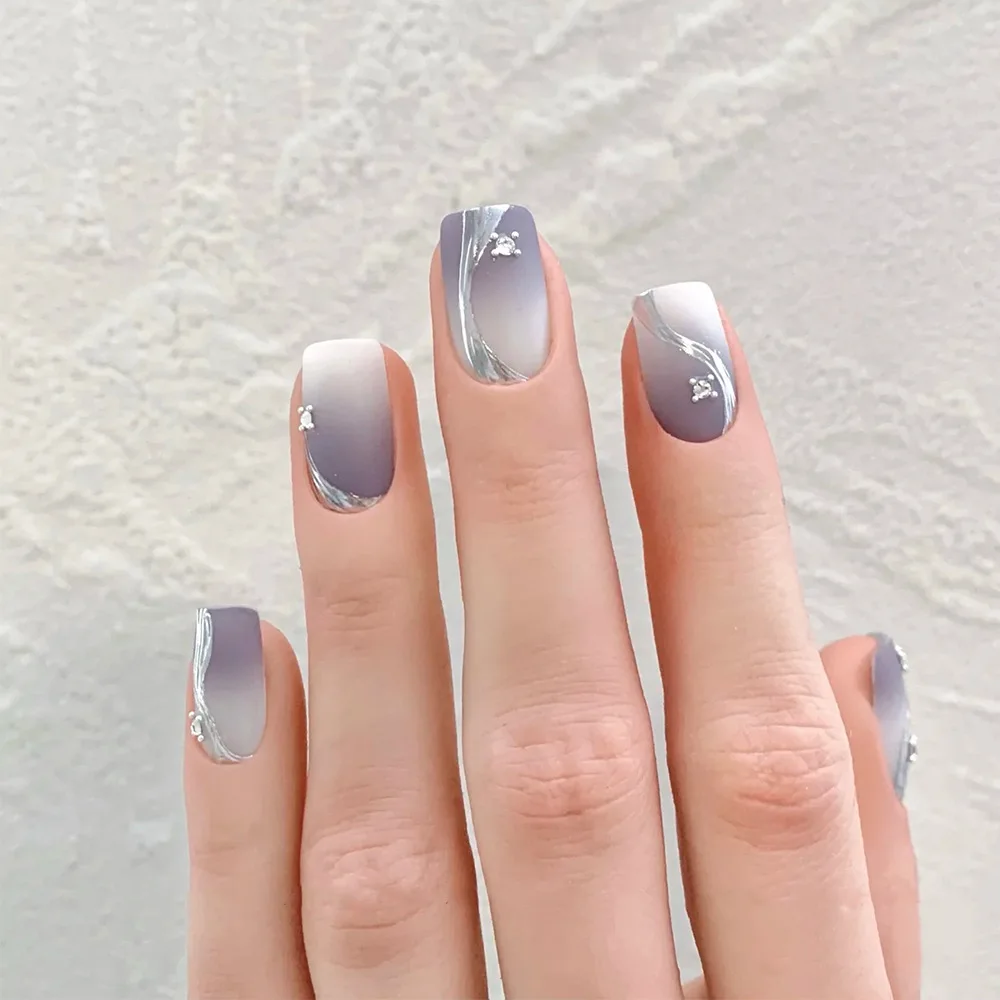 

24pcs Lavender Gradient Press-On Nails with Pearl & Ribbon Embossed Design, Medium Coffin Shape, Assorted Sizes