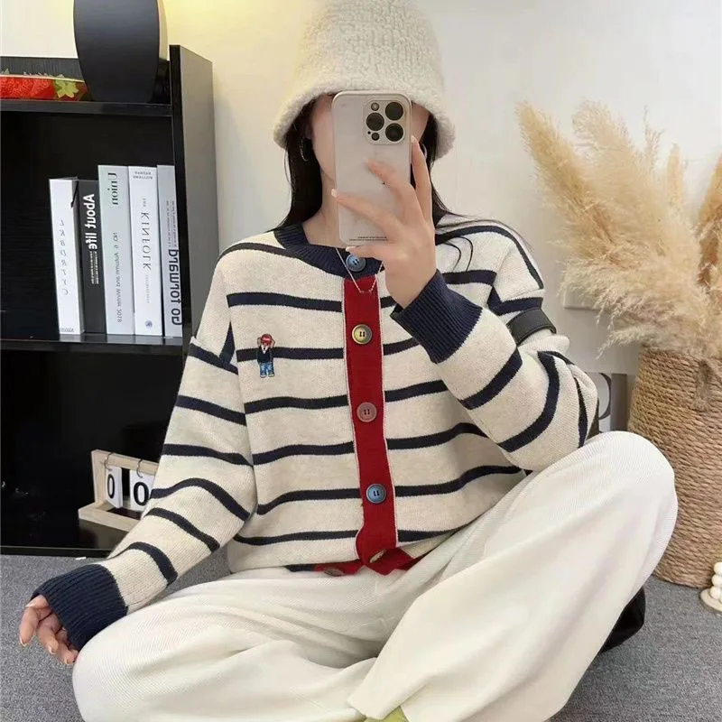 Spring and Autumn New Striped Sweater College Casual Knitted Cardigan Coat Versatile Female