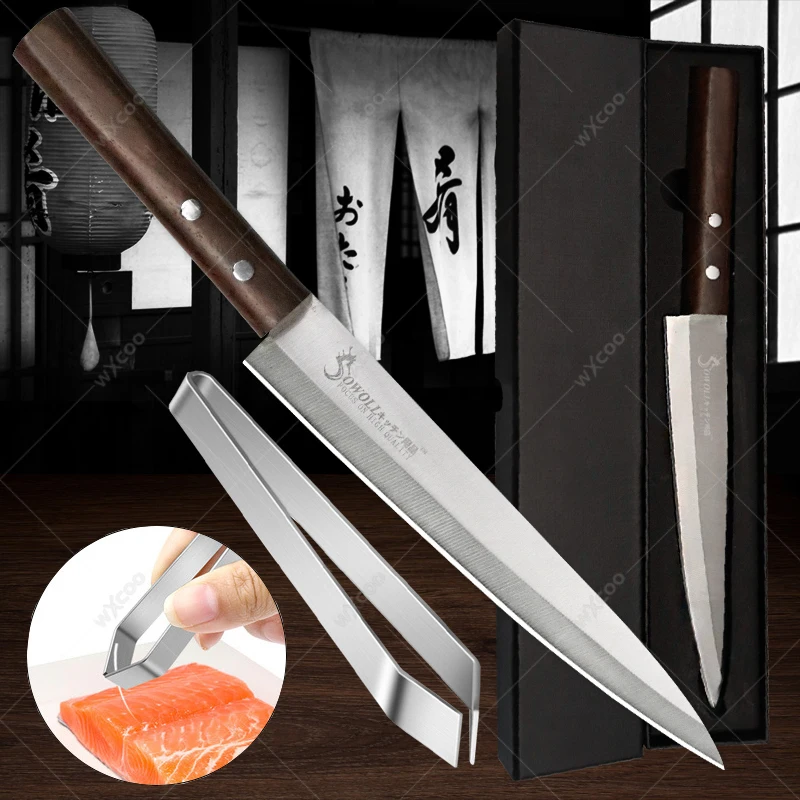 

Japanese Salmon Sushi Sashimi Knife Sharp Fish Knife 8 Inch Stainless Steel Kitchen Professional Chef Knife with Fishbone Clip