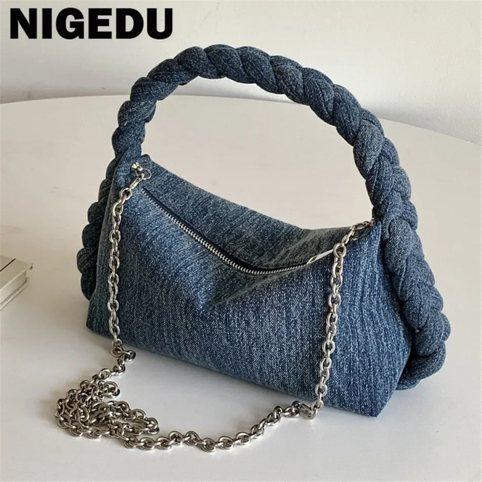 Borse da donna in denim Borsa a tracolla a tracolla hobos con tracolla a catena Moda di lusso Cinghie intrecciate da cowboy Borse piccole da donna