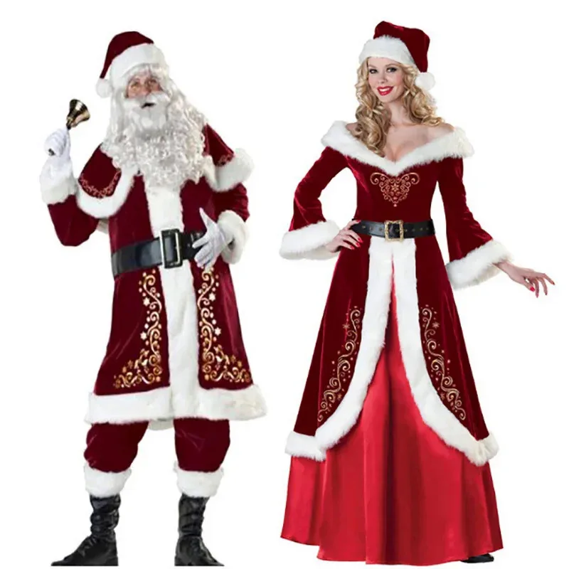Christmas Santa Claus Cosplay Costume Red Velvet Lady Elegant Long Dress Xmas Carnival Party Year performance For Man Womanr,7;k