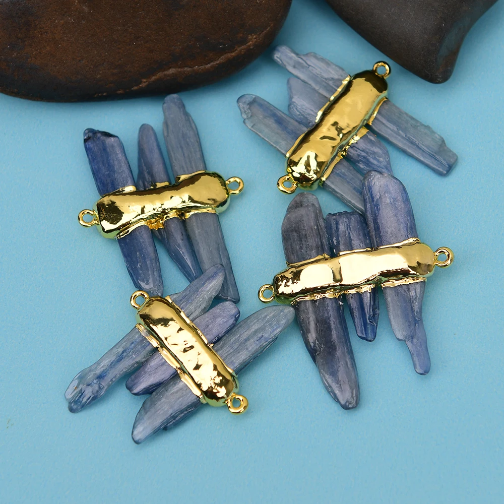 APDGG 5 Pcs Natural Stone Blue kyanite Gold Plated Connector Double Bails For Making Bracelet Necklace Jewelry DIY