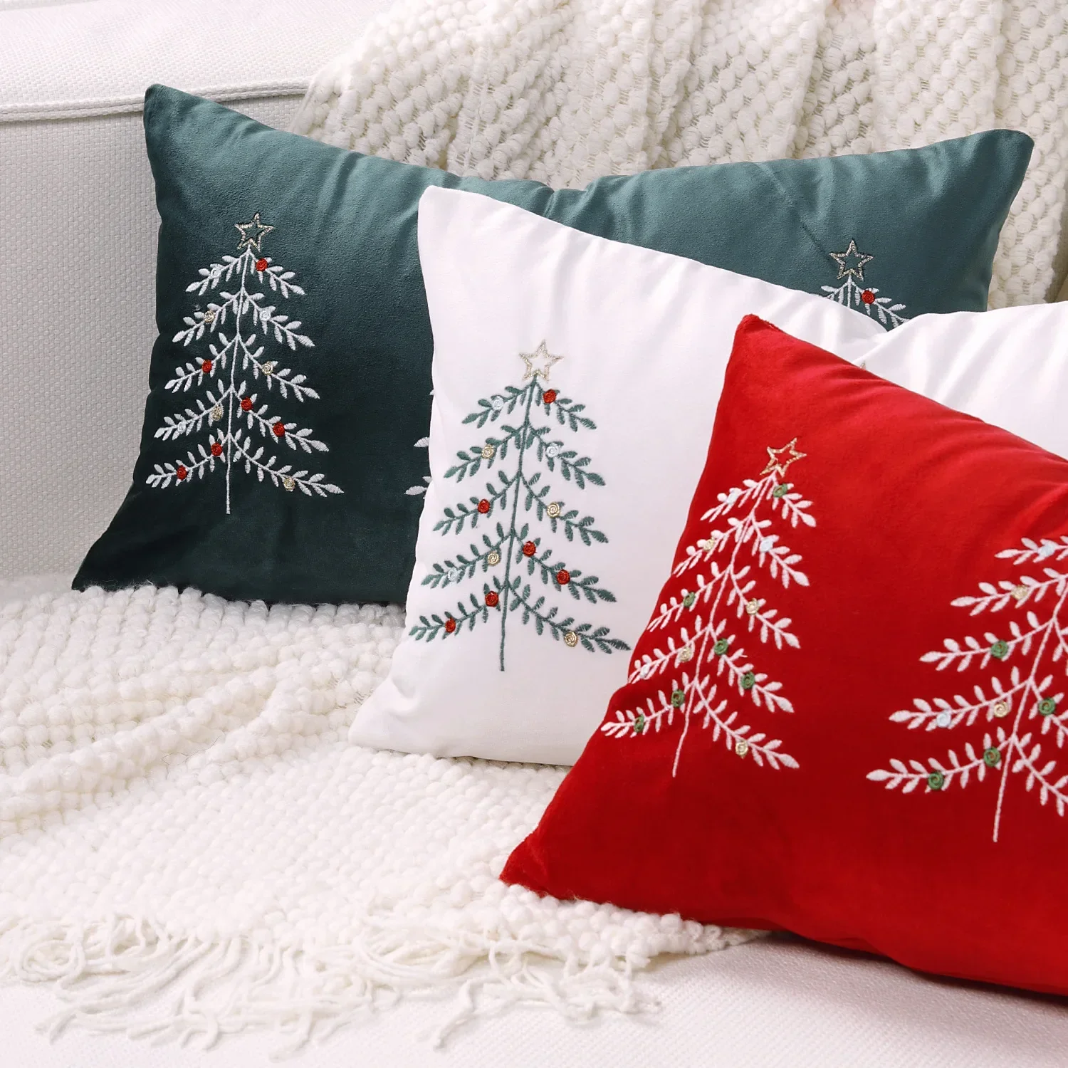 2PCS Merry Christmas Cushion Cover Letter Christmas Tree Embroidery Pillowcase Sofa Bedhead Waist Pillowcase Festival Decorative