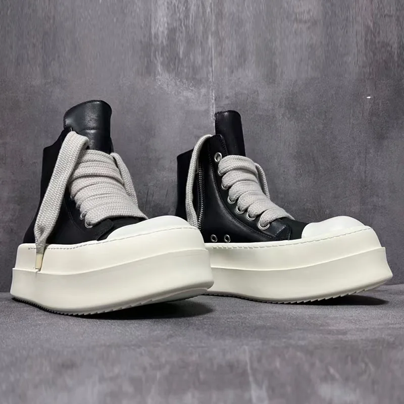 High quality genuine leather high top women's shoes for couples height increasing thick soled casual men's shoes in large size