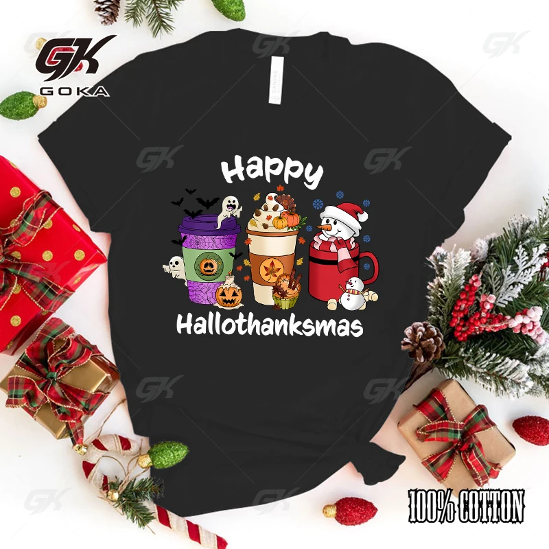 Women'S Fashion Funny Happy Halloween Thanksgiving Christmas Coffee Letter Print T Shirt Summer Unisex Loose Casual tops