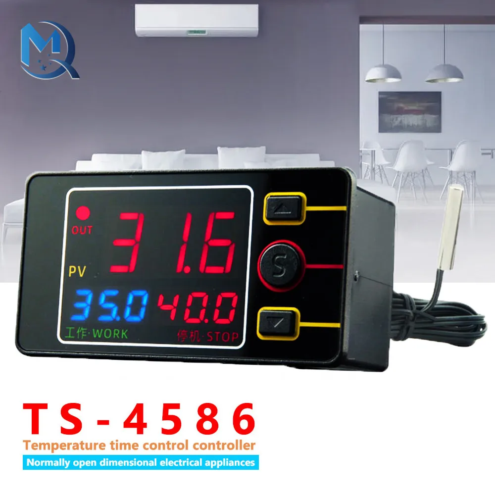 TS4586 Temperature Time Control Relay Active Output Waterproof Probe Digital LED Display Thermostat DC12V DC24V AC110-220V