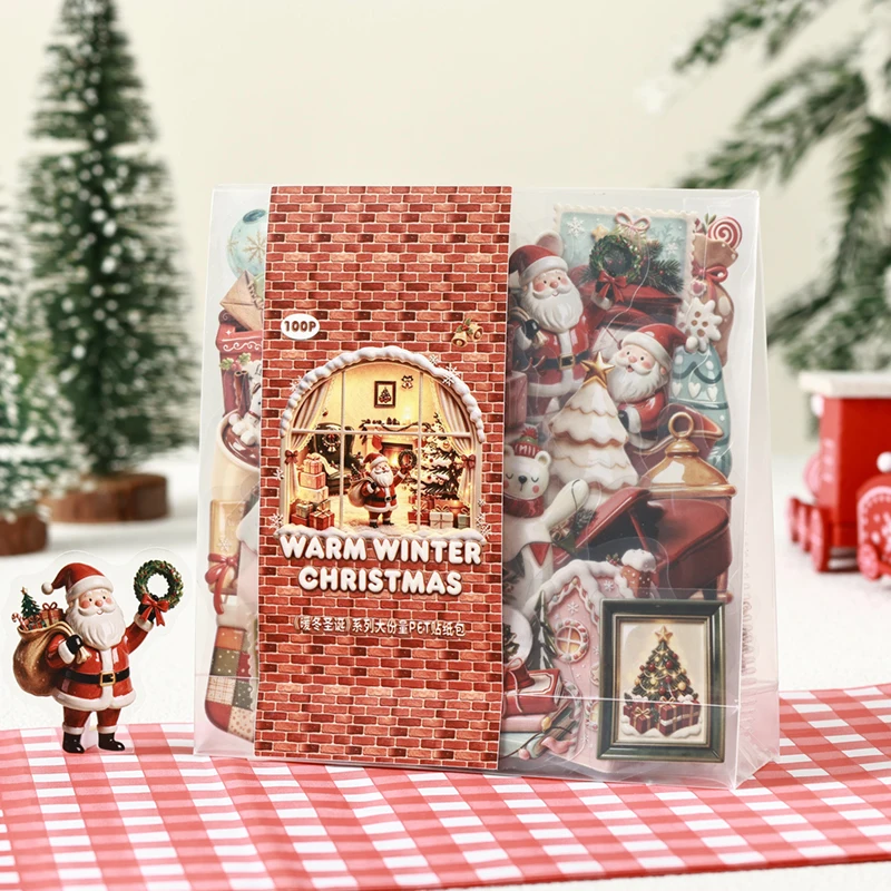 100pcs Warm Winter Christmas Series PET Stickers Santa Snowman Tree DIY Journal Scrapbook Phone Collage Deocr Stationery Sticker