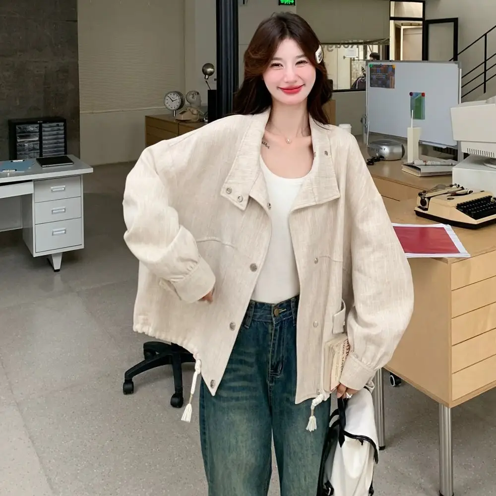 

Женские куртки, элегантный стиль-бомбер, свободный крой, повседневная уличная одежда больших размеров, модная верхняя одежда, передний карман на пуговицах, чистый простой базовый