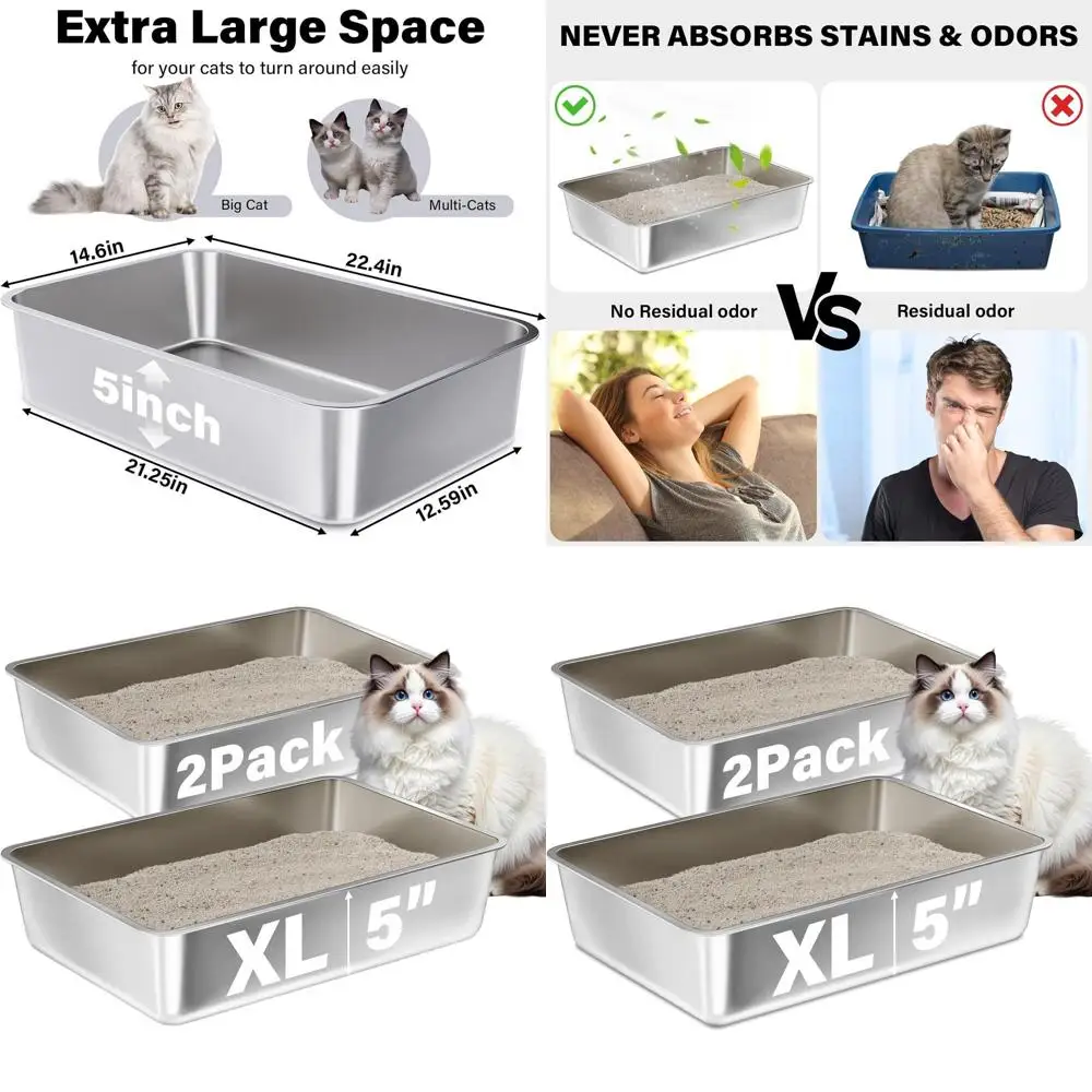 

Двойной набор больших металлических лотков для кошек - легко чистятся, с минимальным запахом, антипригарная поверхность для удобного входа