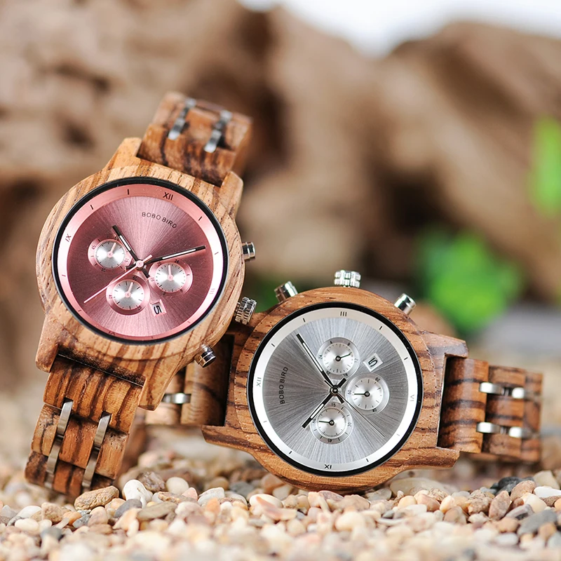 

BOBOBIRD Chronograph Quartz Watch His and Hers Wooden Watches for Couple Handmade WristWatch with Calendar with Wooden Gift Box