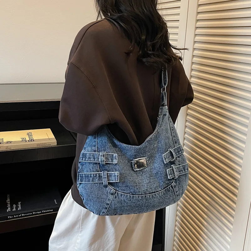 حقيبة كتف كروس من قماش الدنيم ذات سعة كبيرة على الموضة جديدة للنساء حقيبة تخزين غير رسمية حقيبة مدرب كاجوال ومتعددة الاستخدامات #2