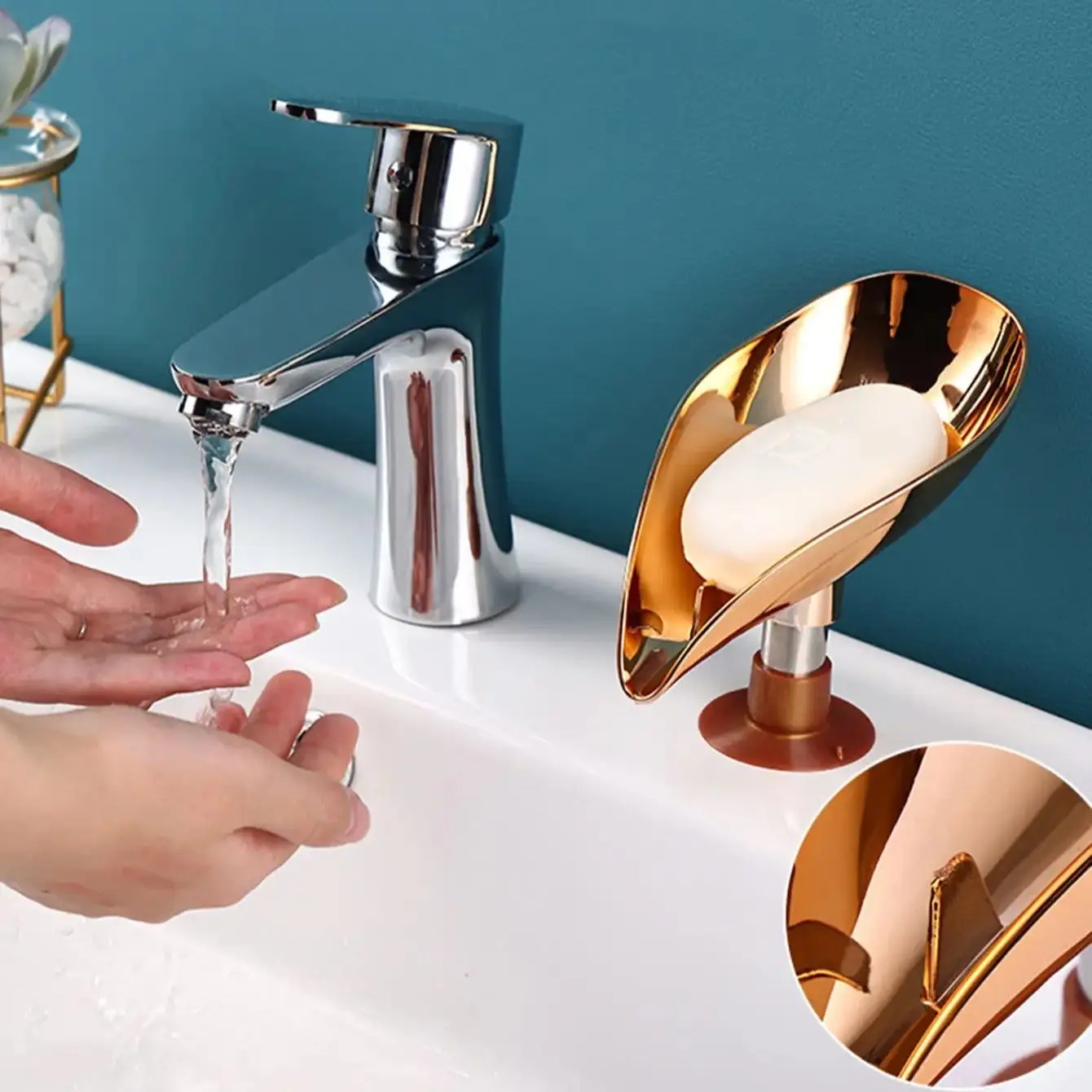 1pc- Gold Leaf shaped Soap tray Bathroom Toilet perforation-free drain soap rack Soap box