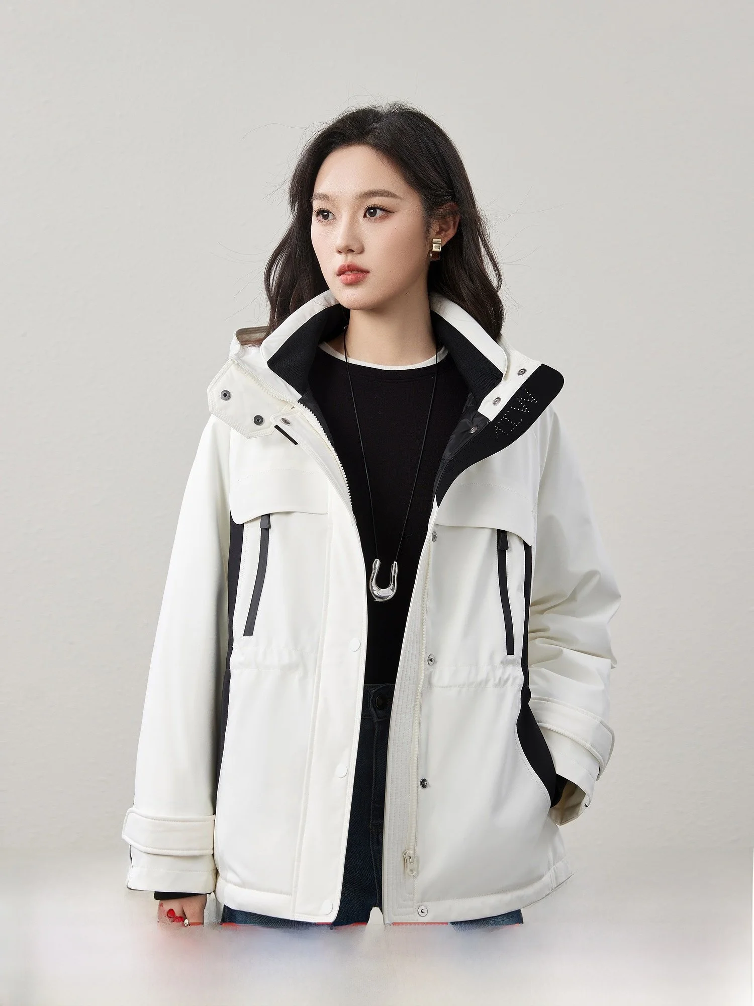 

Mijia High Quali 90 White Du down Jaet Faionable Color Blo Design Hooded Non-Bulky Parka Women's down Coat
