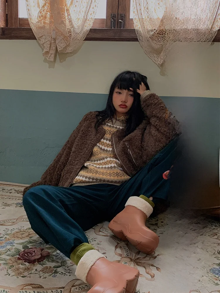 

Женская мотоциклетная куртка из овечьей шерсти с хлопковой подкладкой и кожаными вставками, зимняя, новая коллекция, утепленная, длинная, с мехом.