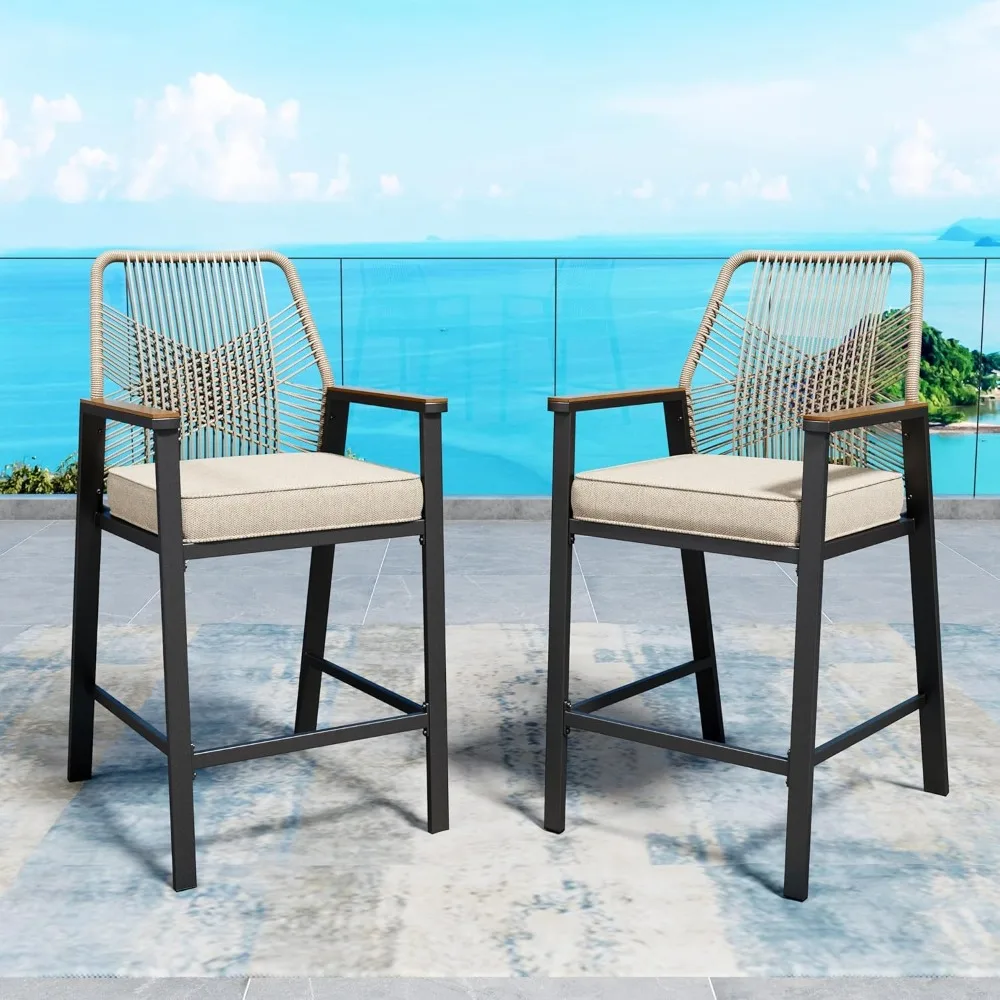 

Outdoor Bar Stools Set of 2, Rattan High Top Patio Chairs with Waterproof Cushion and Armrest, All-Weather Bar Height Furniture