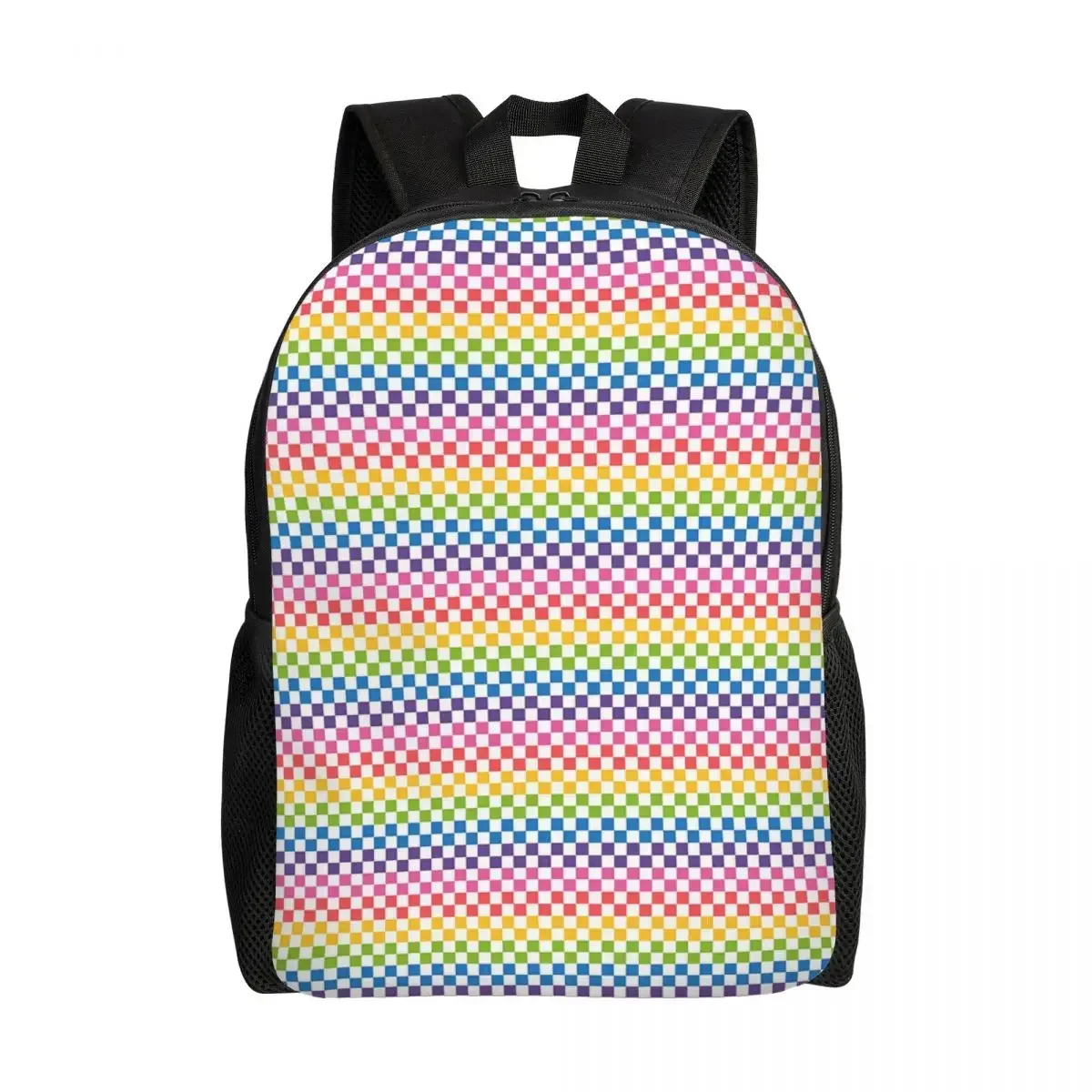 

Custom Rainbow Squares Pattern Checkered Flag Backpacks for Boys Girls College School Travel Bags Women Men Bookbag