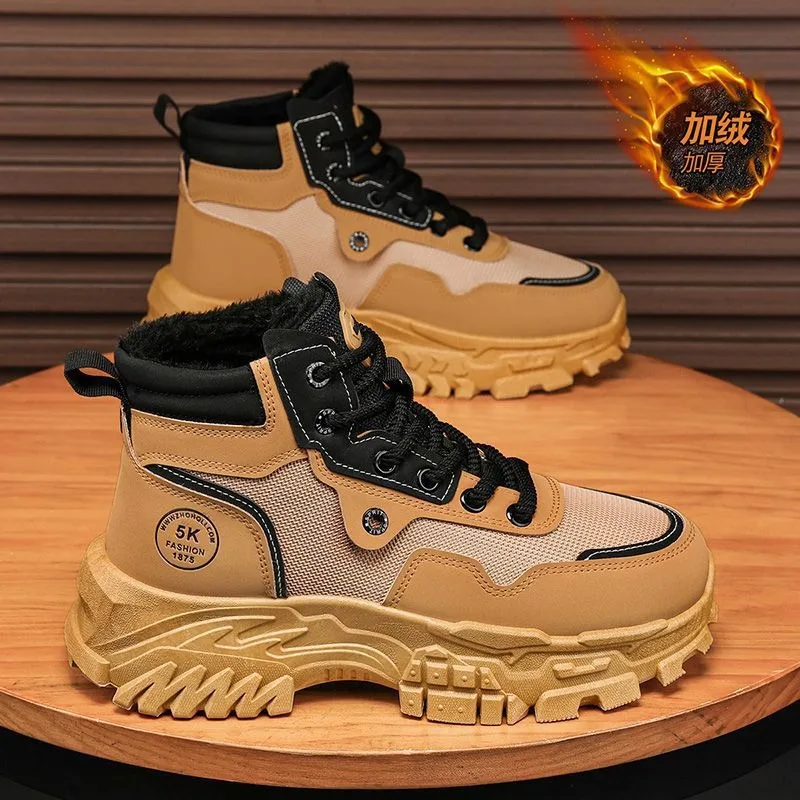 

Мужская обувь 2024, зимняя плюшевая уличная теплая хлопковая обувь на толстой подошве, противоскользящие ботильоны на шнуровке, противохолодные ботильоны Botas Para Hombre