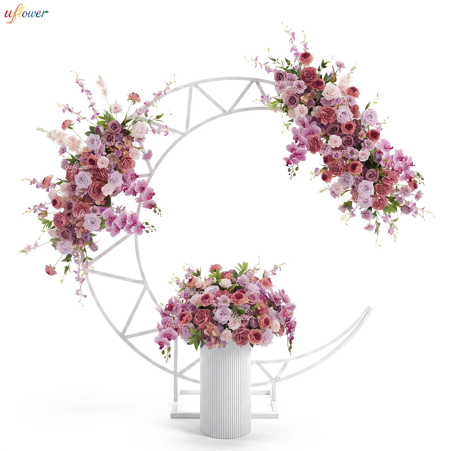 3PCS Wedding Moon Arch Kit Purple Bubble Rose Artificial Flower Arrangement Wedding Stage Party Backdrop Decor Arch Silk Floral