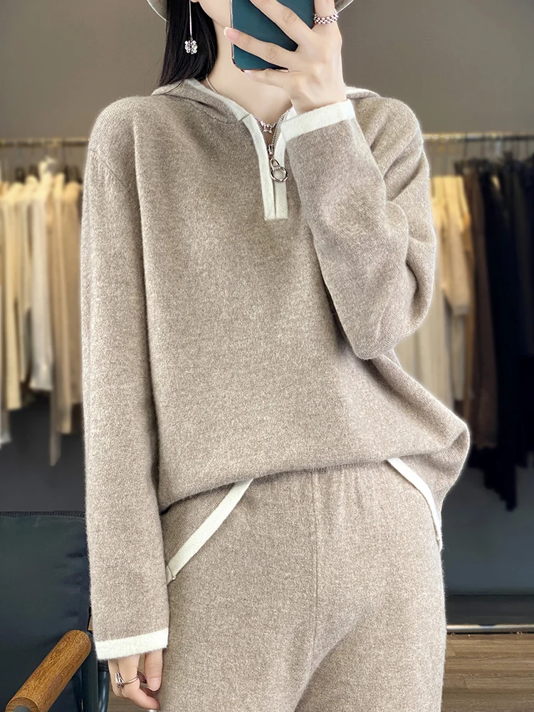 New Autumn Winter Hoodie 100% Wool Knit Suits Women\'s Hooded Knitted Pullover Loose Wide Leg Trousers Fashion High-Grade Suits