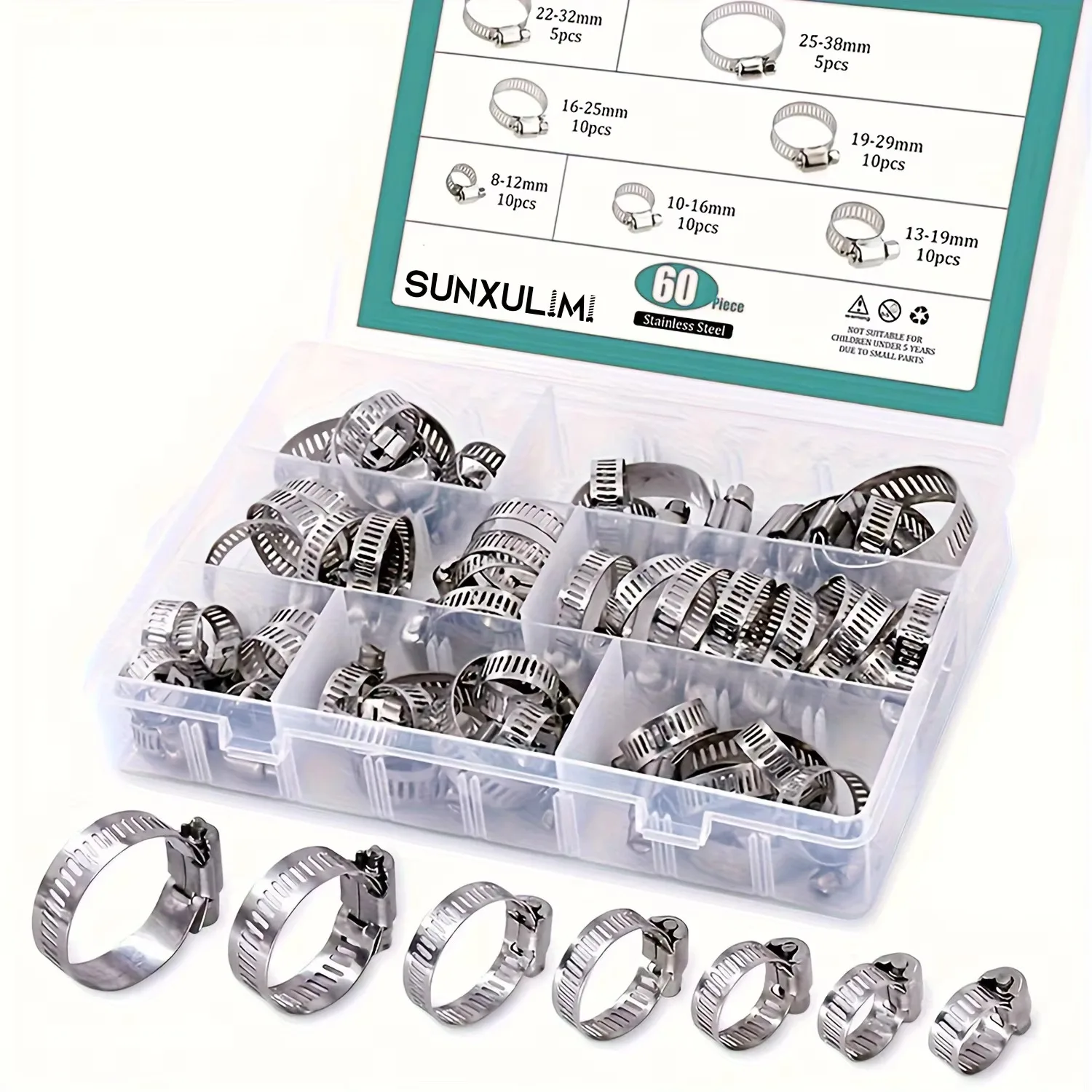 60 pçs 8-38mm ajustável de aço inoxidável parafuso banda braçadeiras de mangueira de combustível do carro braçadeiras de tubulação braçadeira de engrenagem sem fim clipe braçadeira de mangueira