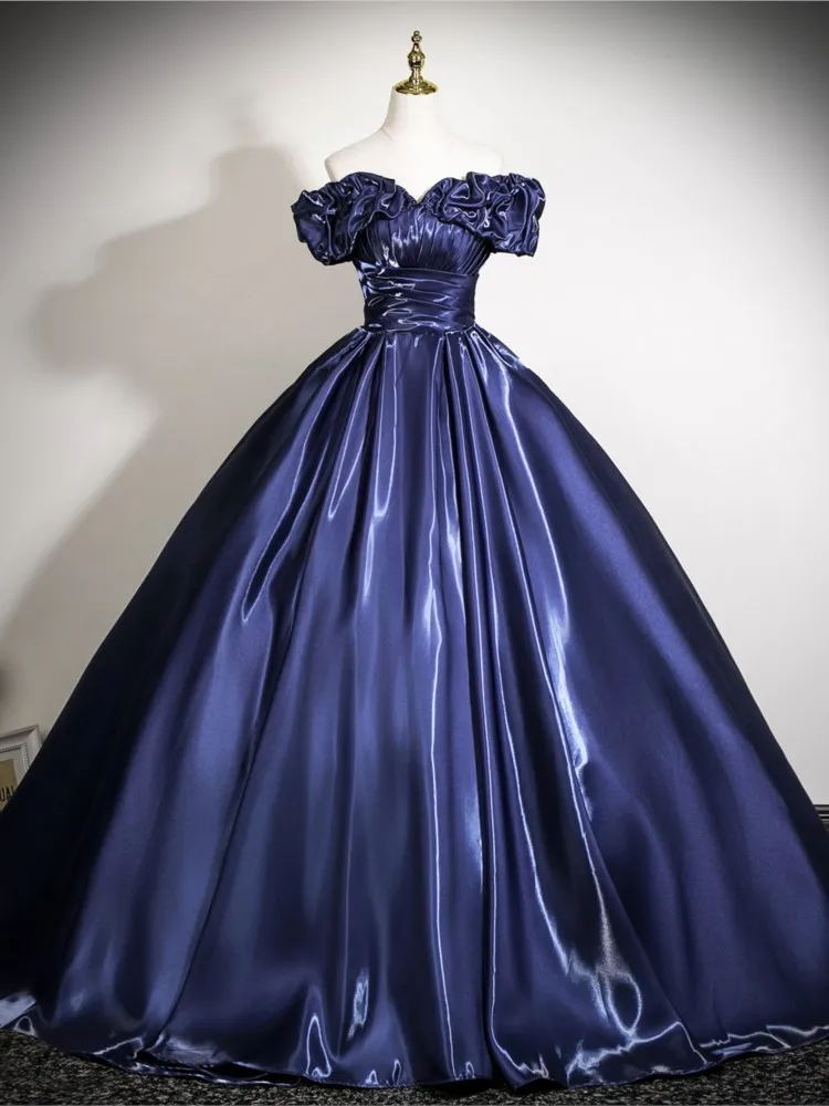 One-shoulder style music student art examination Puffy host water light satin arm-covering dress