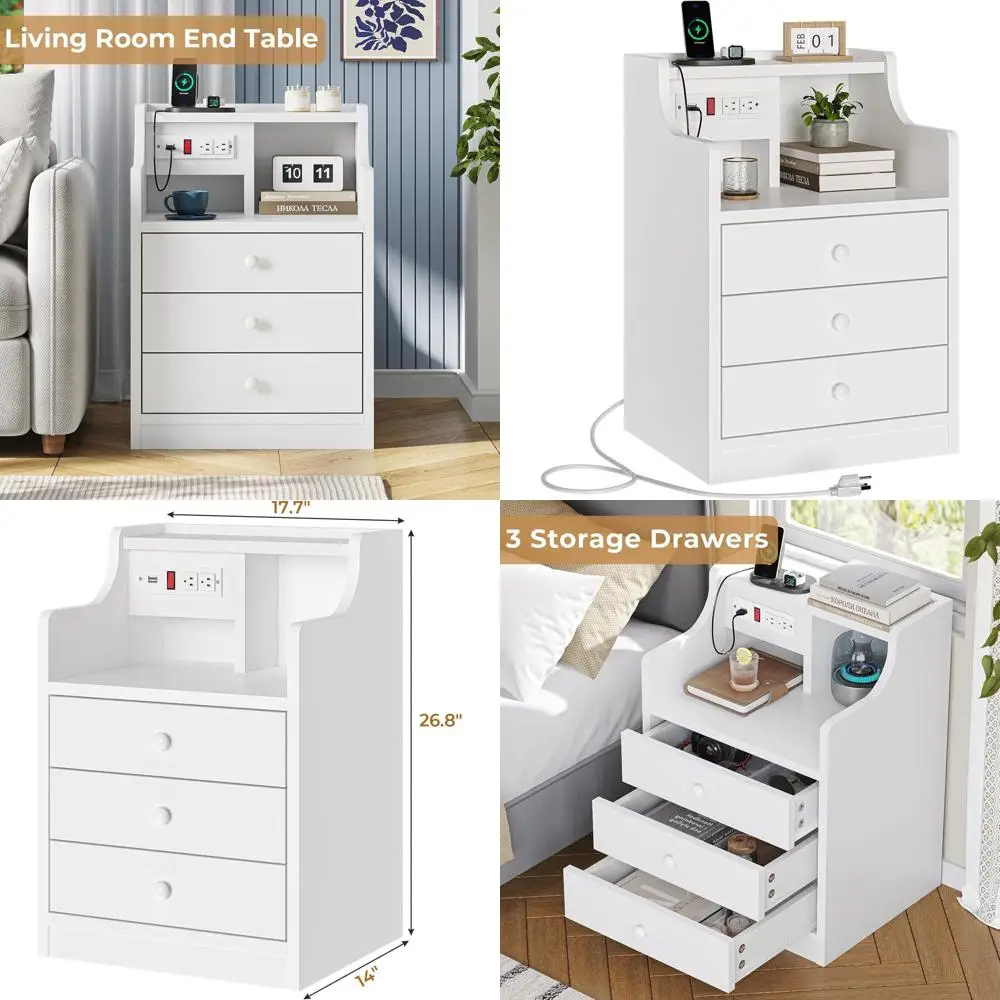 

White Charging Station Nightstand with Storage and Hutch