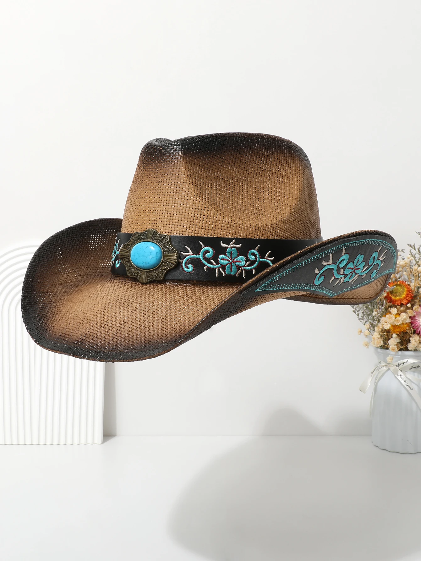 Premium straw hat Knight Riding Jazz Top hat Western Cowboy hat Embroidery decoration holiday party luxury European and American