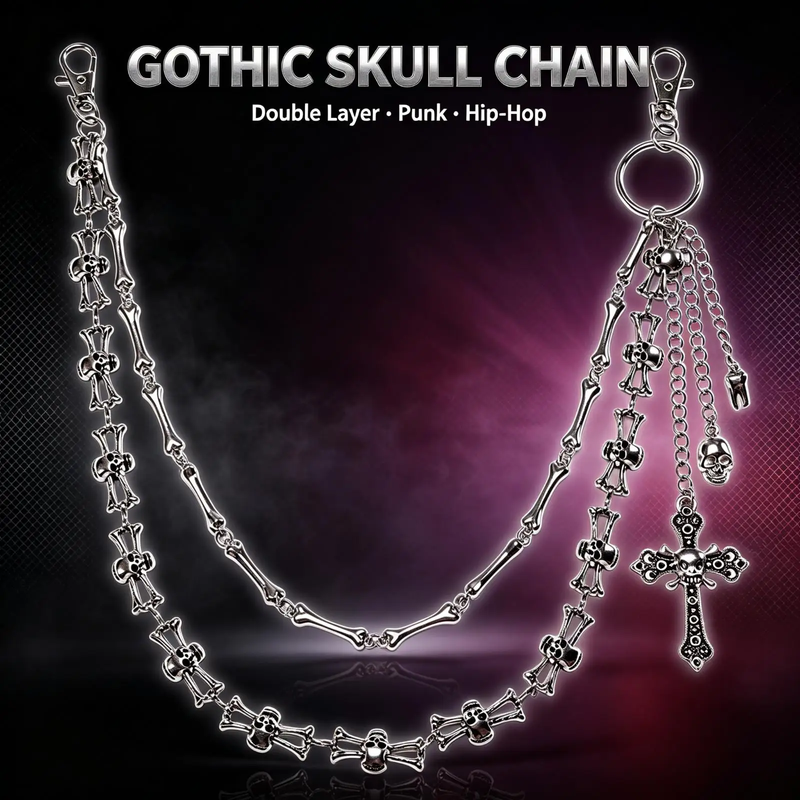 Double Layer Skull Bone Pants Chain Gothic Punk Rock Trousers Chain Hip-Hop Waist Chain with Cross Pendant Halloween Jewelry